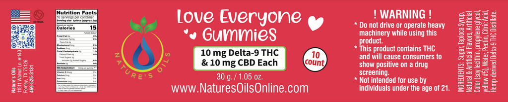 Love Everyone CBD & Delta-9 Gummies 10mg-THC, 10mg-CBD 10-count Citrus