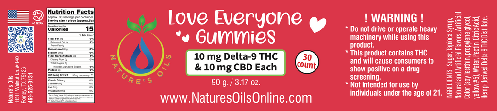 Love Everyone CBD & Delta-9 Gummies 10mg-THC, 10mg-CBD 30-count Citrus
